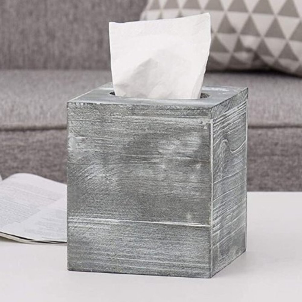 Gray washed Decorative Tissue Box Holder, Square Cover w/ Panel Farmhouse NWOT